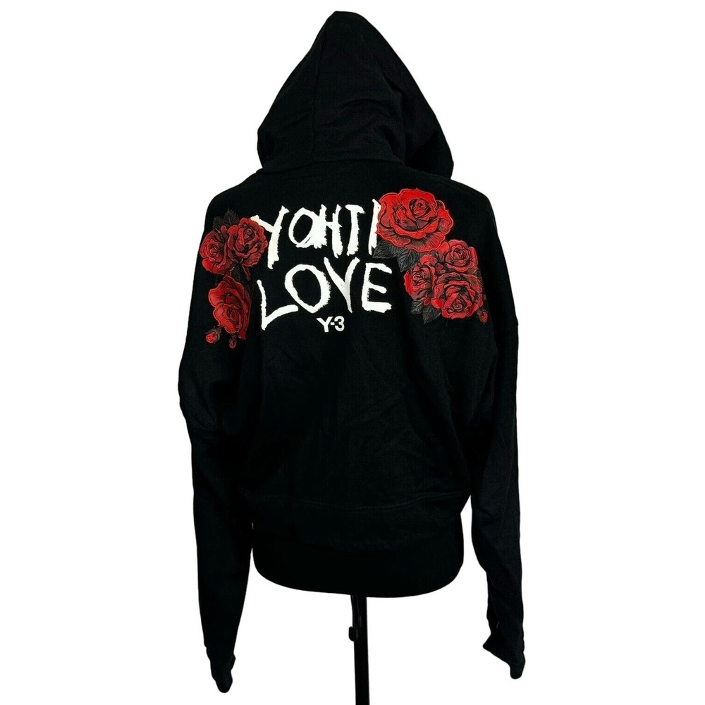 Y-3 ADIDAS‎ YOHJI LOVE YAMAMOTO Women's Medium Cropped Black Hoodie Red Roses